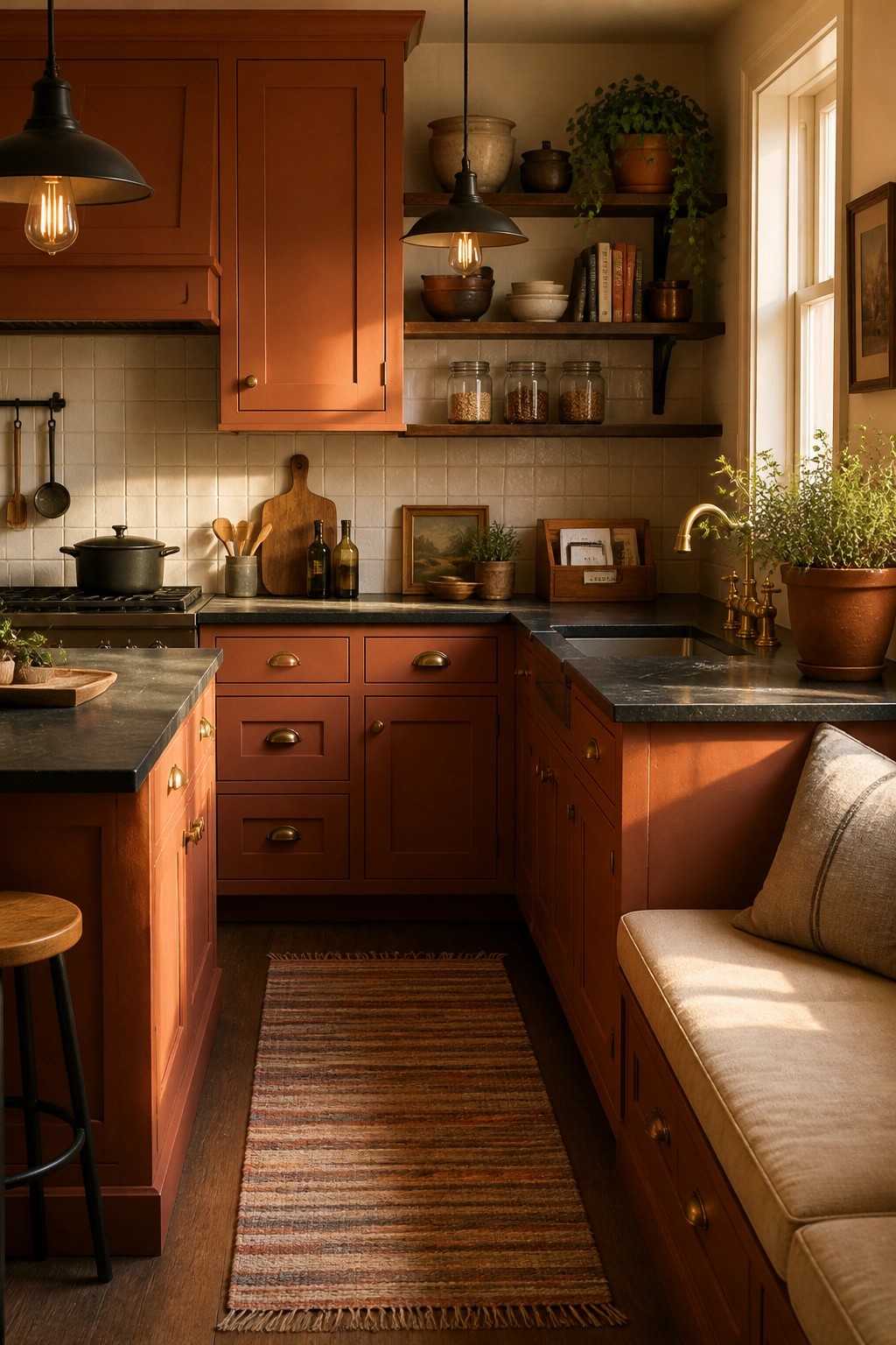 Terracotta red kitchen cabinets with dark countertops and open wood shelves.