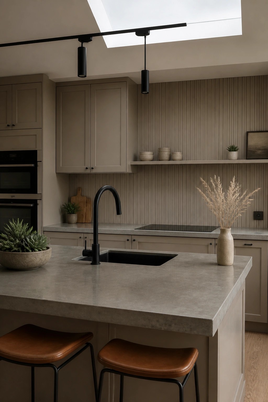 Kitchen cabinets finished in a soft warm greige with a concrete island in front.