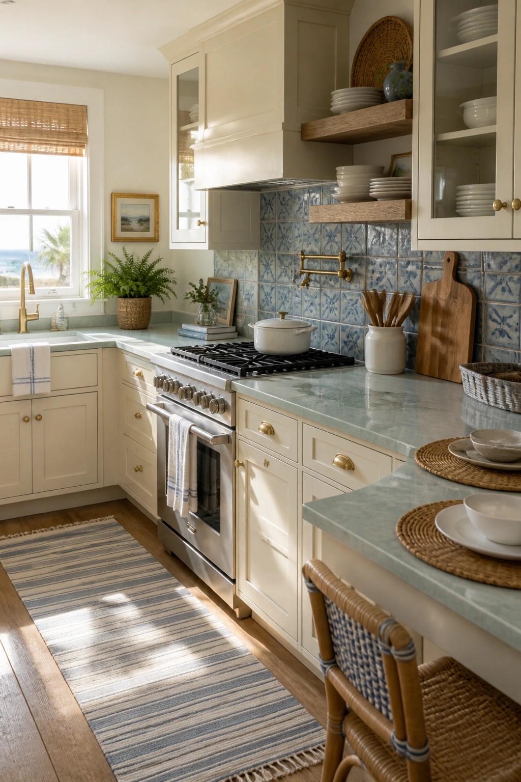 Kitchen cabinets painted in a soft warm off-white color.