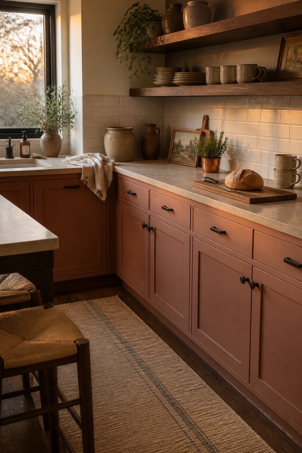 Kitchen cabinets painted in a warm terracotta color with stone counters.