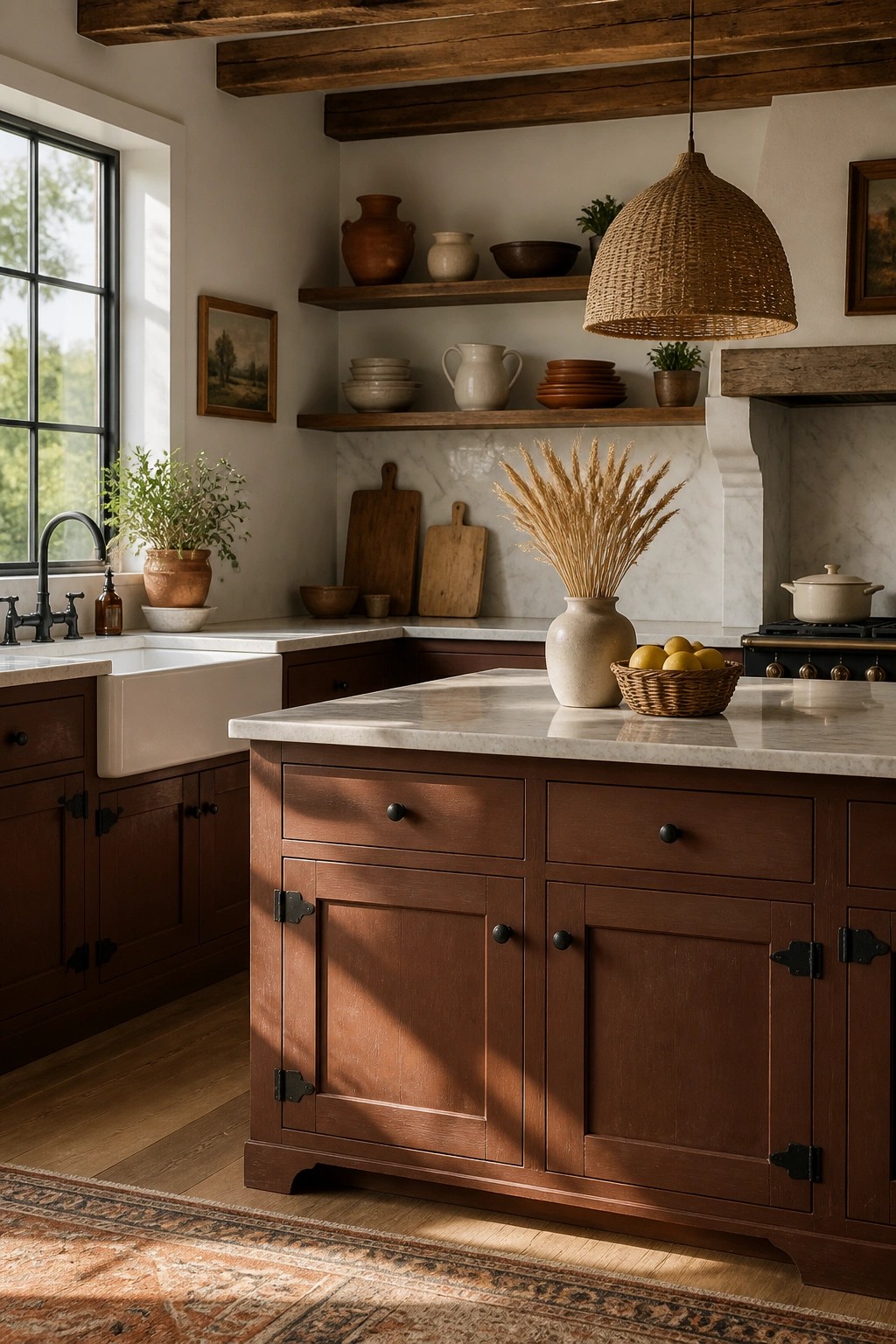Kitchen cabinets painted in a warm terracotta brown.