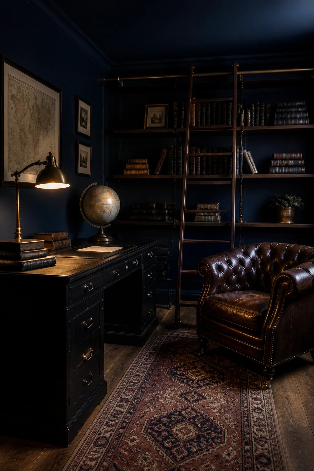 A study with deep navy blue walls and dark wood built-ins.