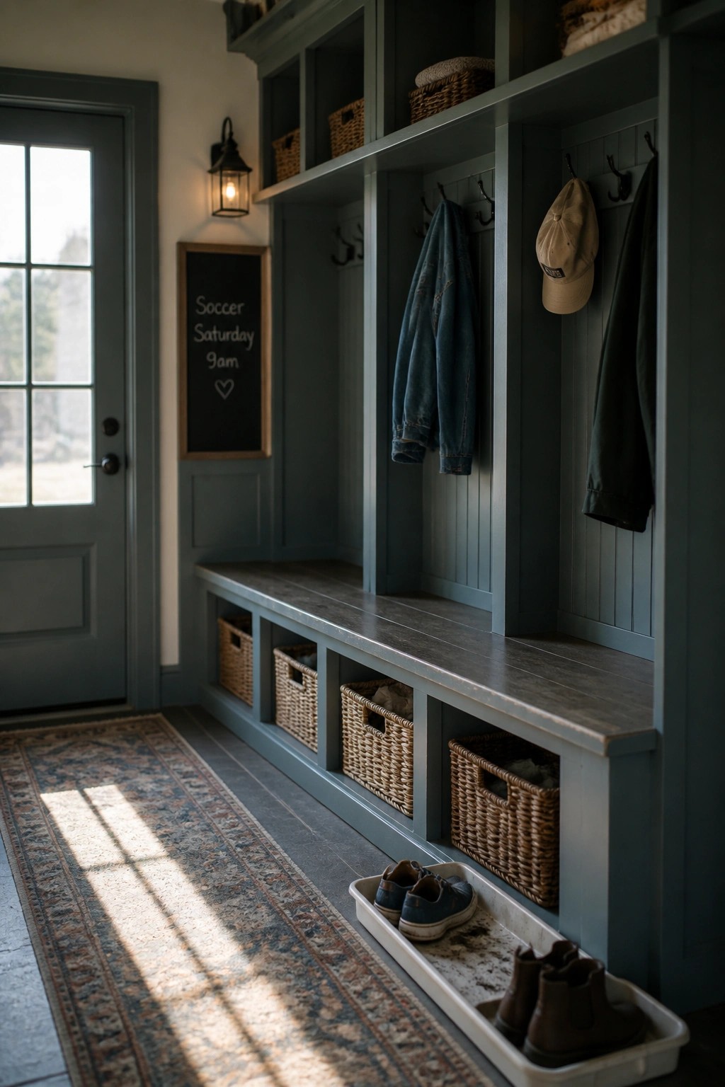 A mudroom with built-in cabinetry painted in a soft blue gray.