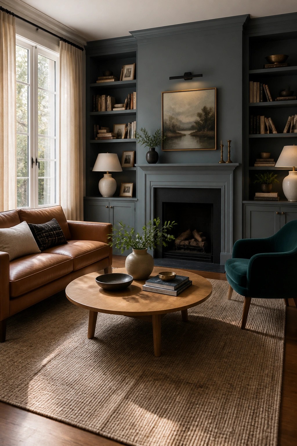 Built-in bookshelves and fireplace wall painted in a muted blue gray.