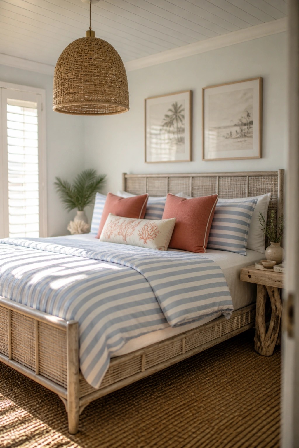 A bedroom with soft blue gray walls and a rattan bed frame.