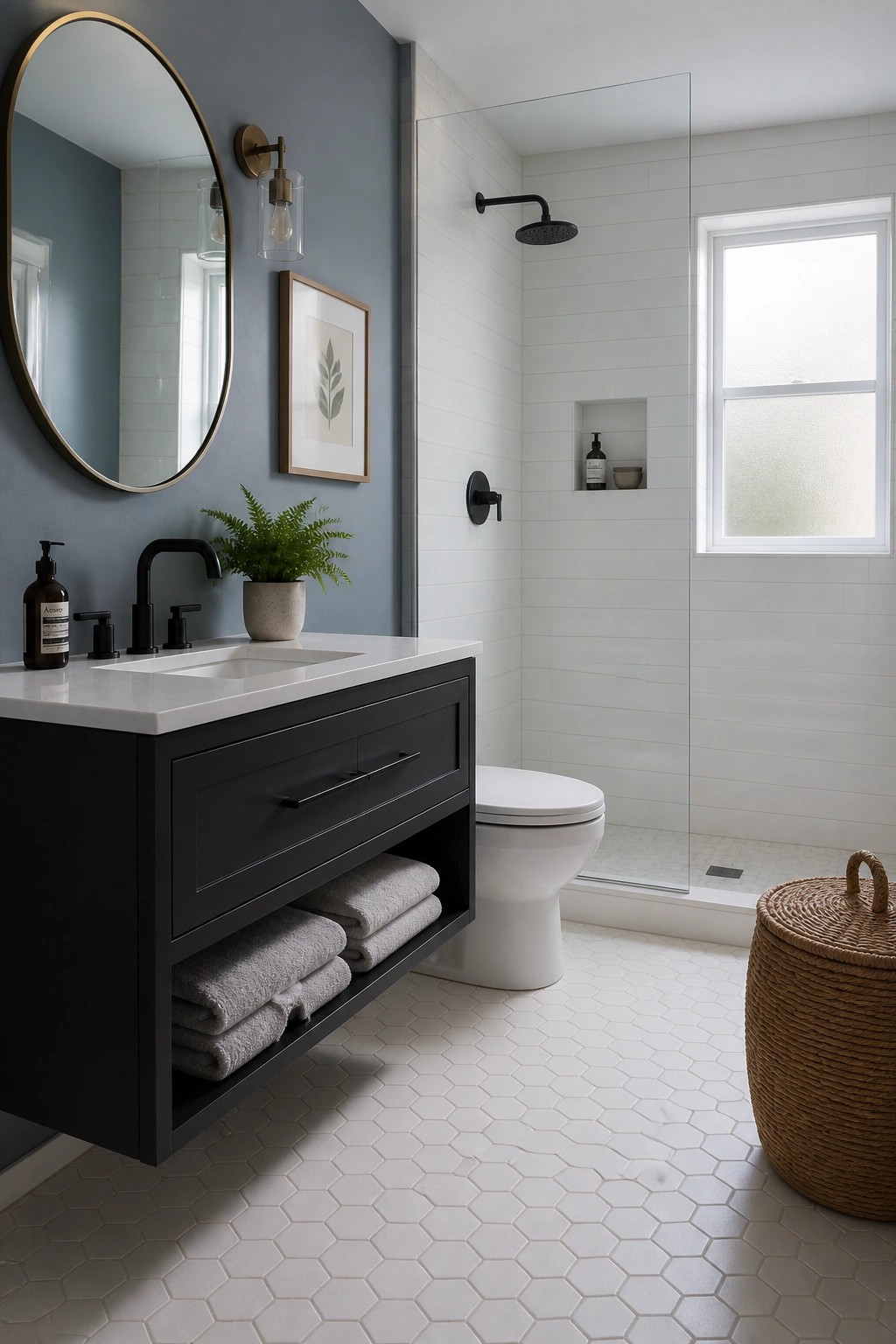 A bathroom with soft blue gray walls beside a floating black vanity.
