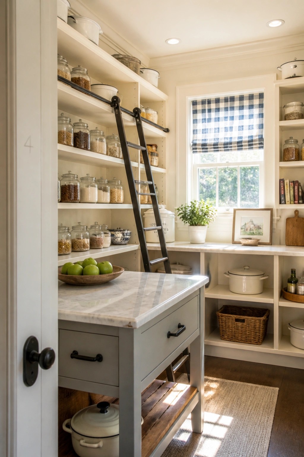 Built-in cabinetry and an island painted in a soft warm gray.