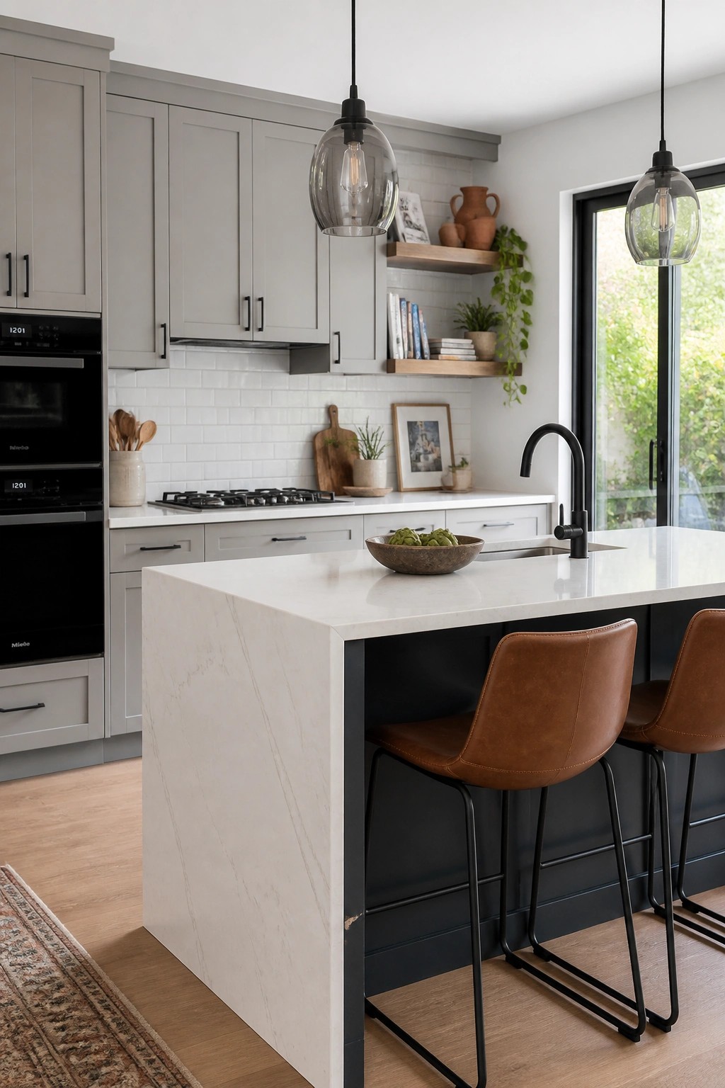 Light gray kitchen cabinets with a white countertop and brown leather stools.