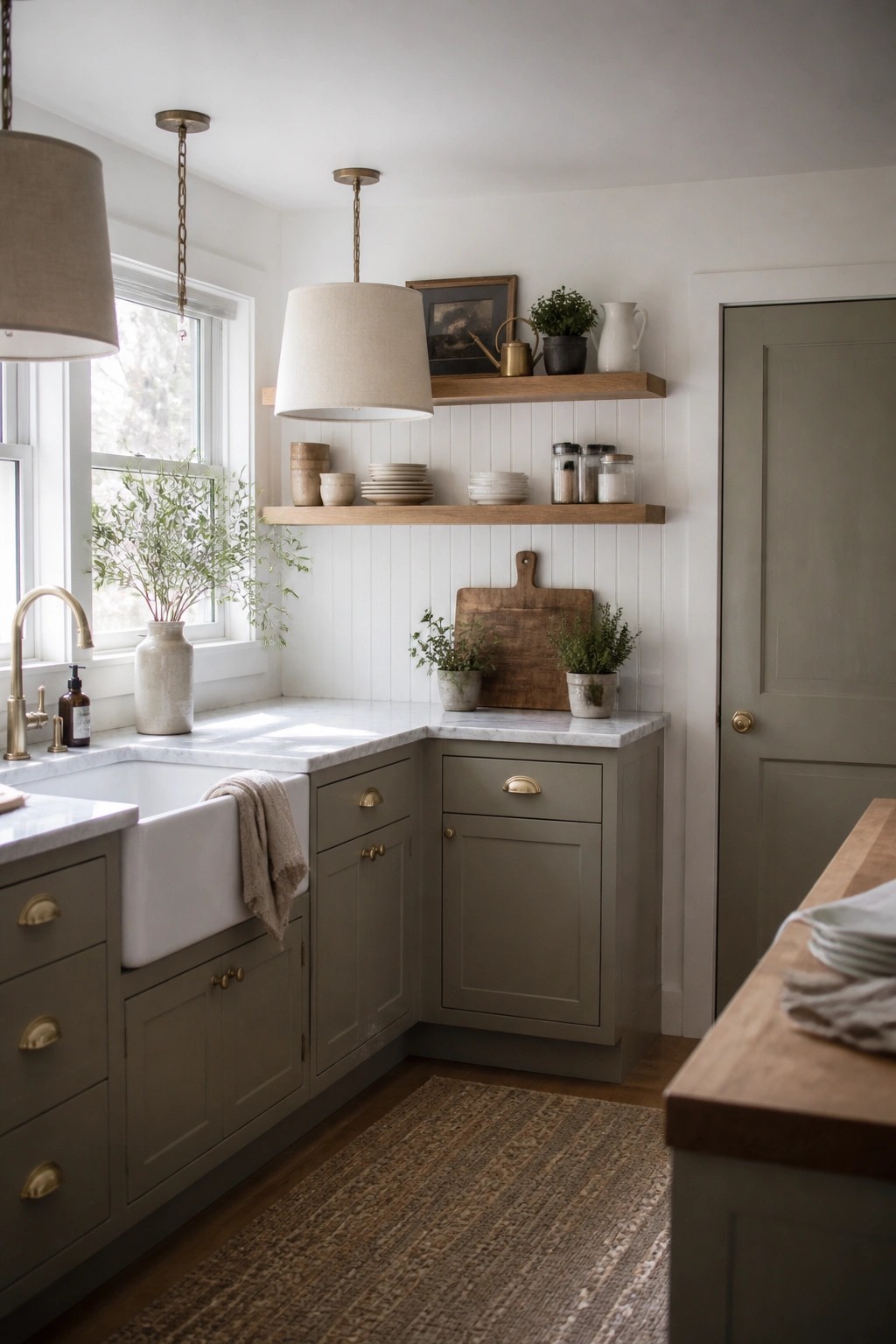 Muted sage green cabinets in a kitchen with white marble counters and wood shelves.
