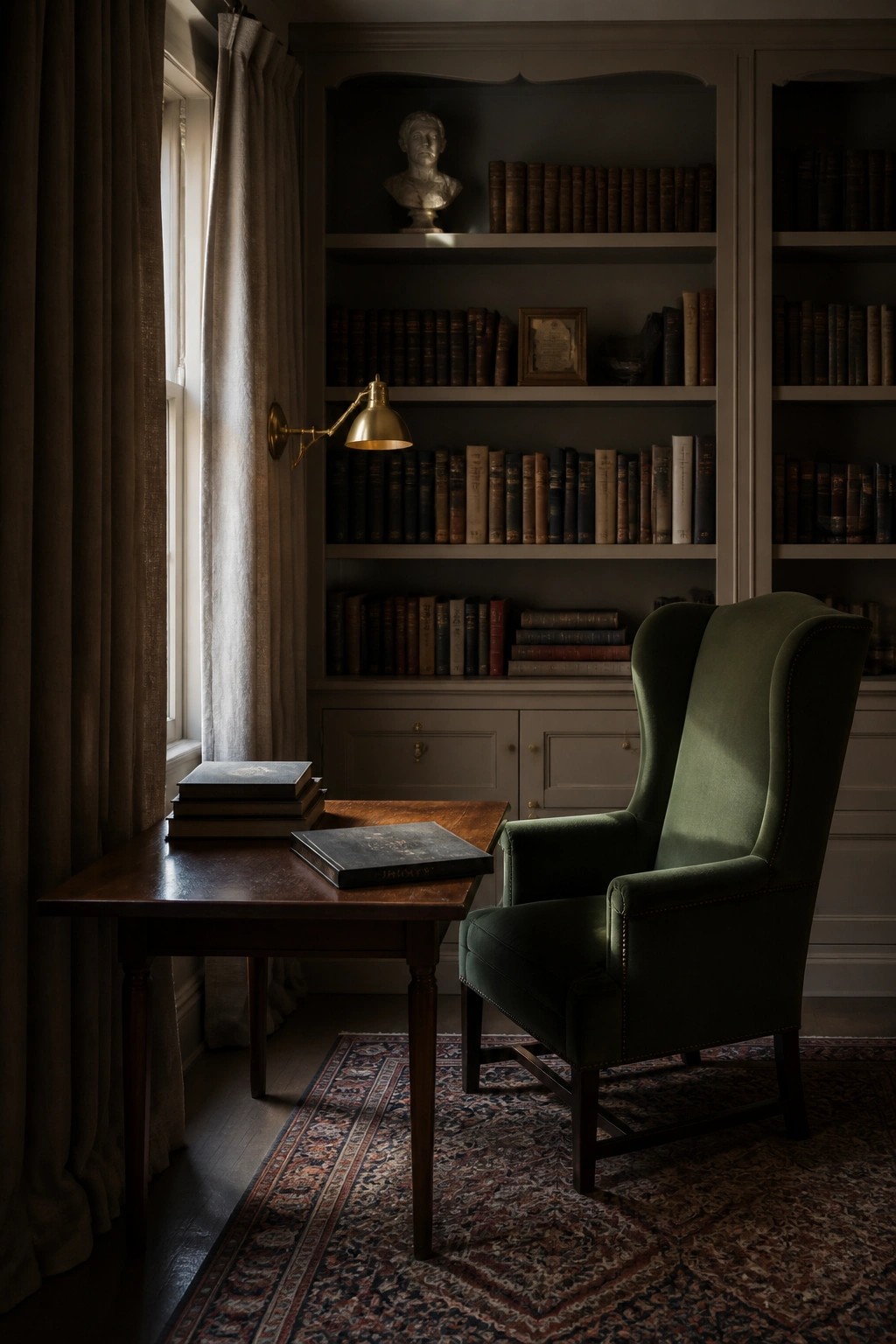 Built-in bookshelves and walls painted in a muted sage green in a traditional study.