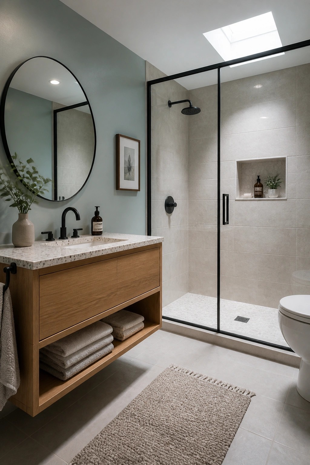 Bathroom with soft sage green walls and a floating wood vanity.