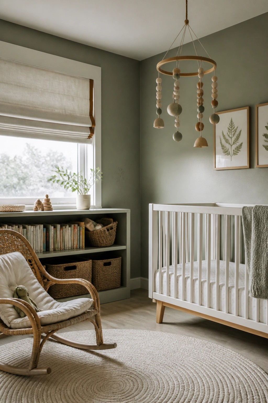 Soft sage green walls in a nursery with a white crib and light wood floor.