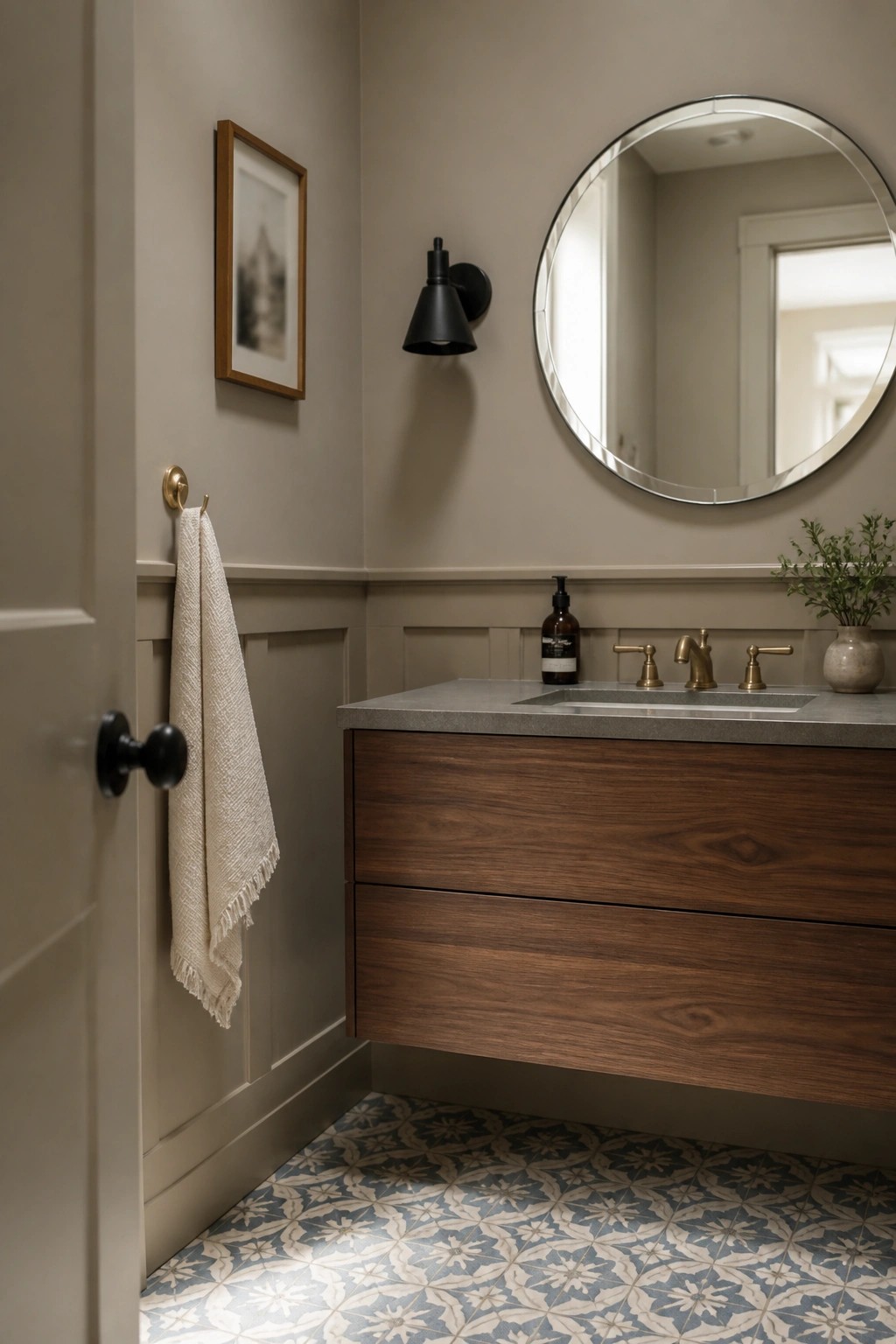 Bathroom walls painted in a soft warm greige with a floating wood vanity.