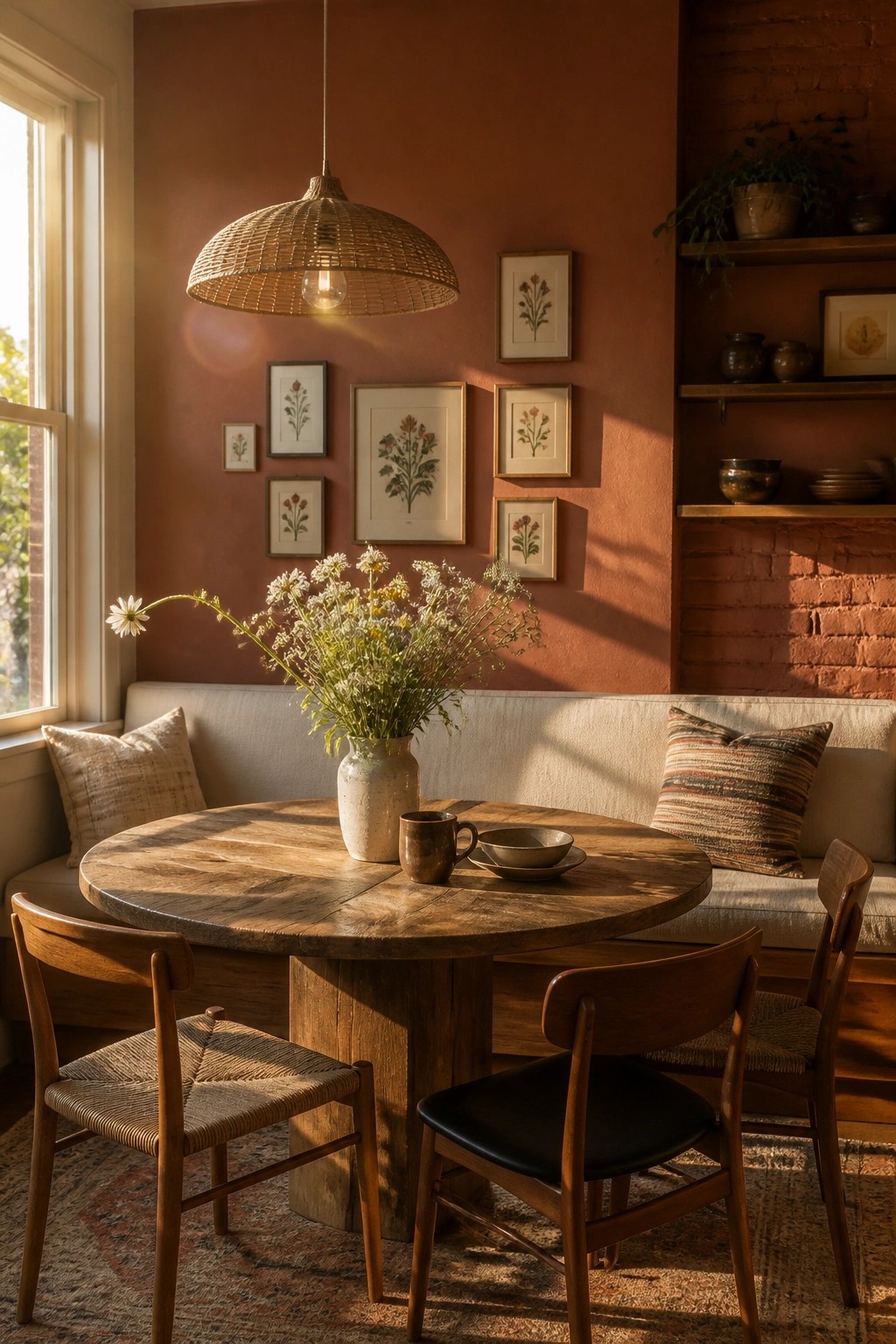 Cozy terracotta nook with round wooden table, wildflower vase, and woven pendant light