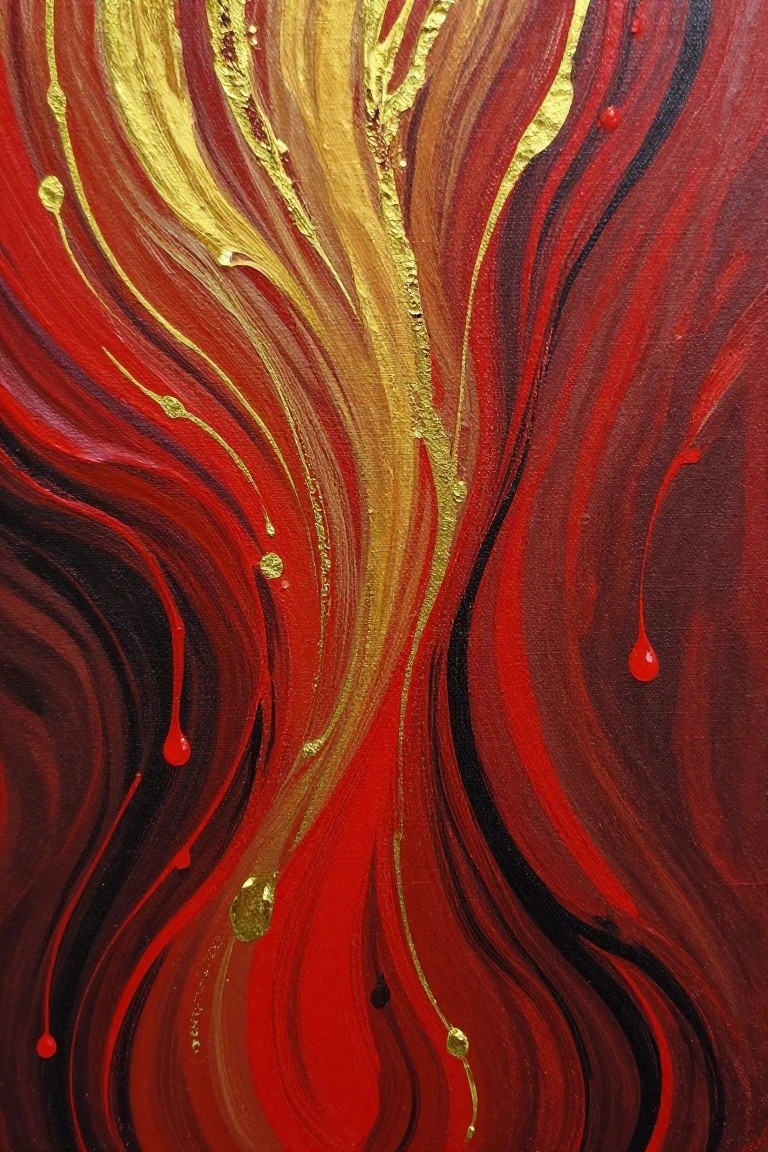 Abstract fluid art with swirling red, black, and metallic gold drips.