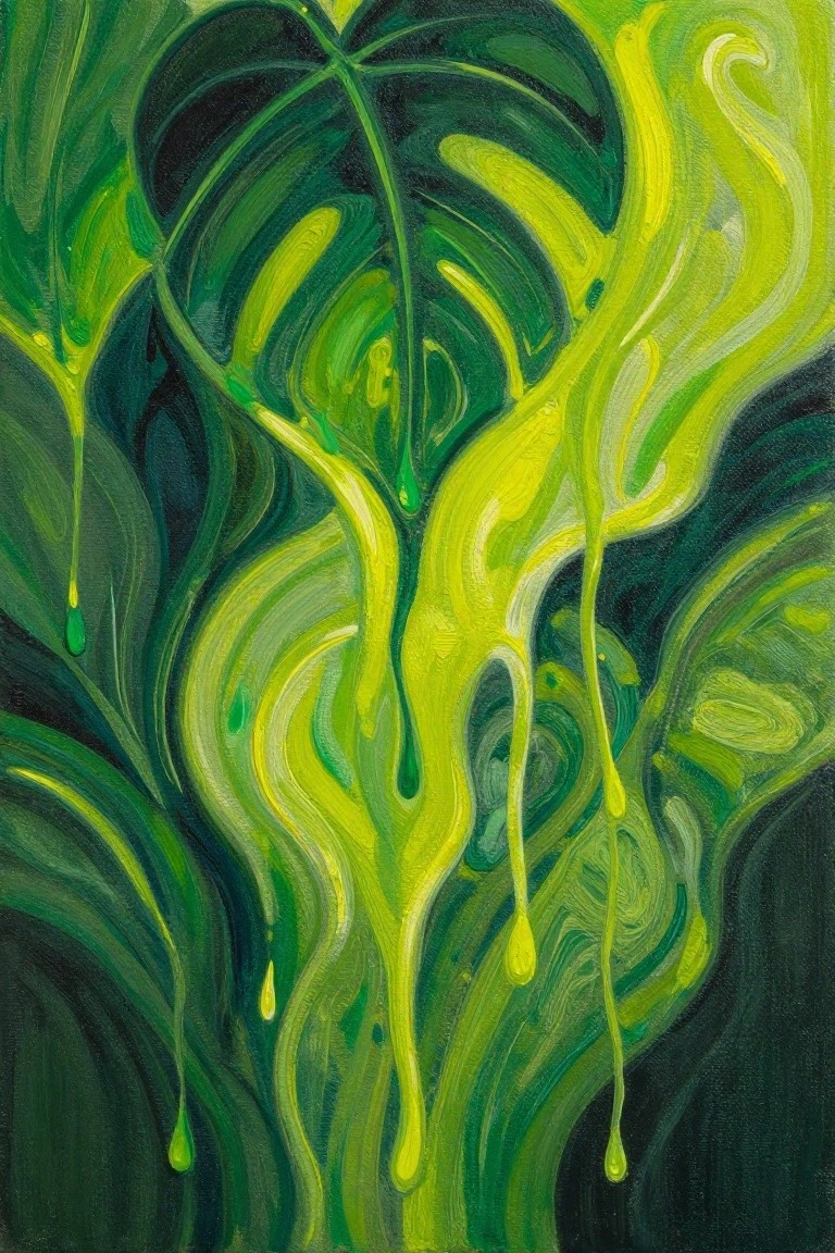 Abstract painting of dark green leaves with swirling yellow paint drips