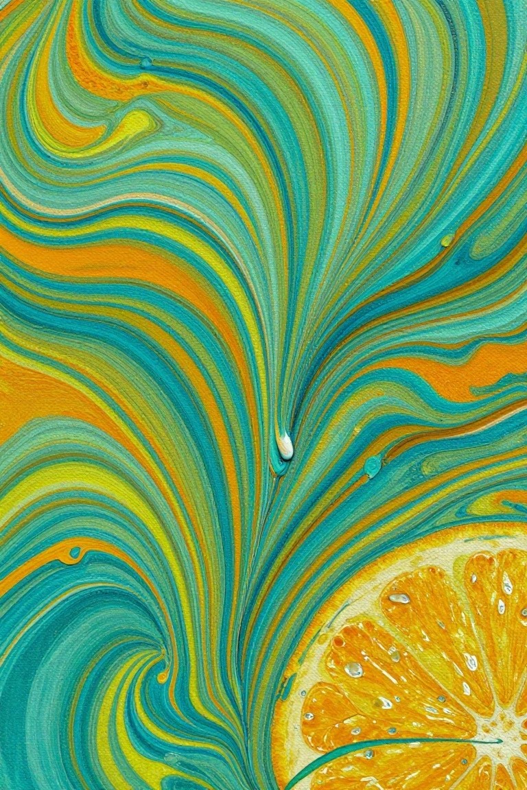 Swirling turquoise and orange fluid art with a citrus slice below