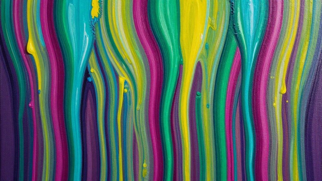 19 Unique Abstract Drip Painting Ideas Built Around Striking Color Movement Vibrant rainbow vertical brushstrokes flowing on dark blue background