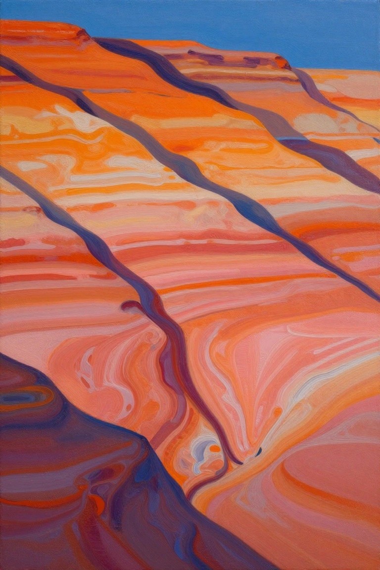 Vibrant abstract painting of swirling orange-pink canyon layers under blue sky