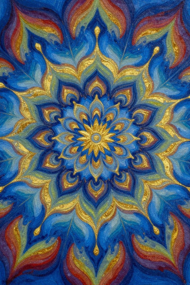 Vibrant mandala with blue, gold, and red symmetrical floral patterns radiating from a golden center.