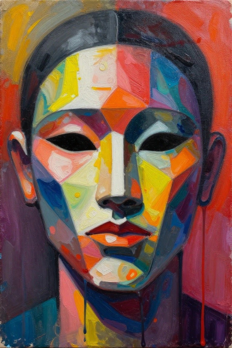 Vibrant abstract portrait of a fragmented face in bold geometric colors with dripping paint.