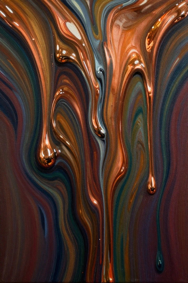Close-up of an abstract painting showing thick glossy drips in metallic orange, brown, teal, and blue flowing downward over a dark background.