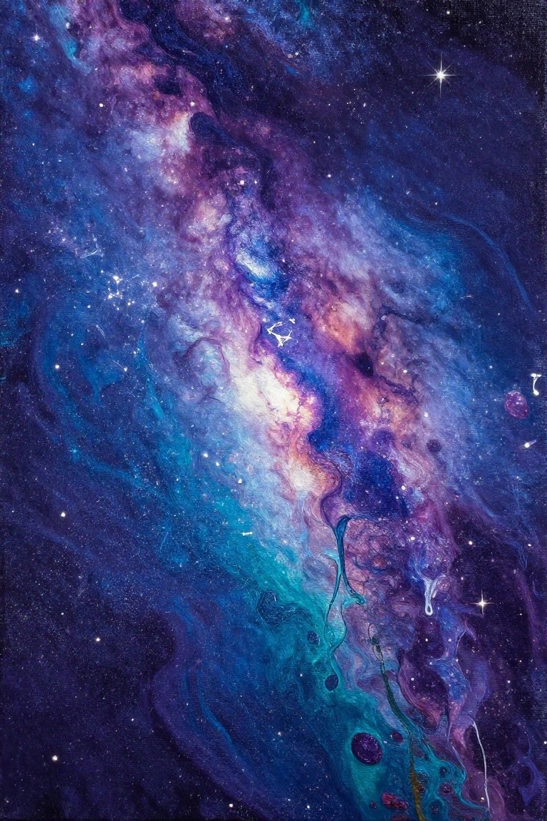 Vibrant swirling galaxy nebula in blues, purples, and teals with stars