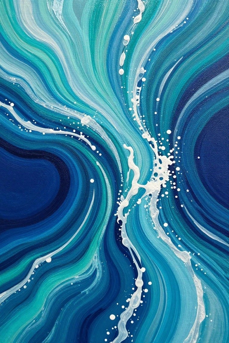 An abstract painting of swirling blue and teal curves with white drips and small bubbles across the canvas.