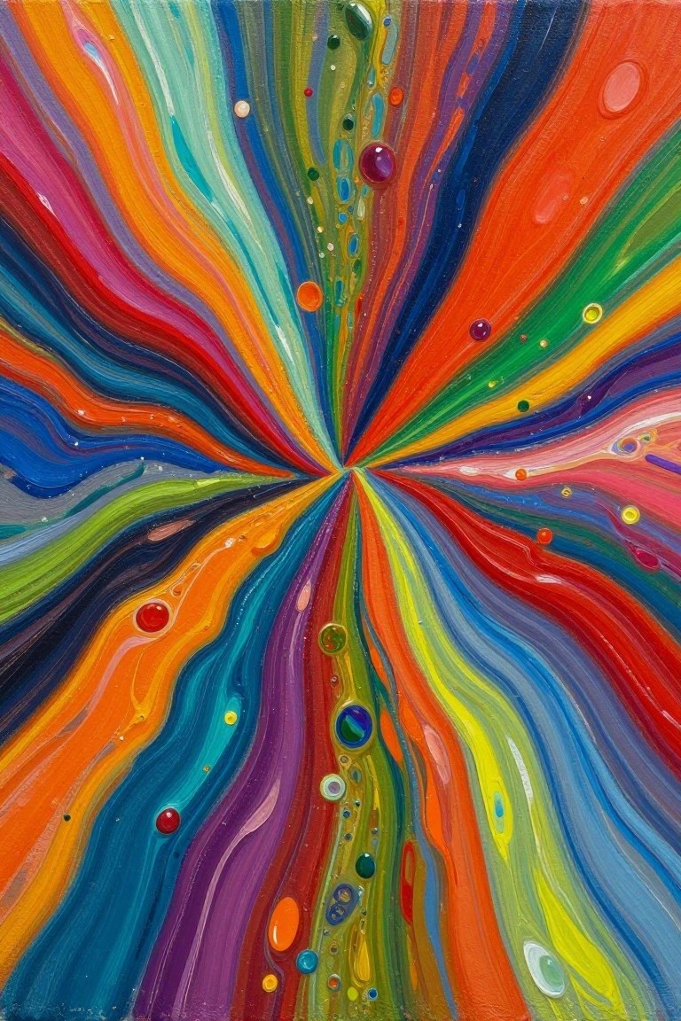 Vibrant abstract painting of rainbow swirls radiating from center with glossy bubbles.