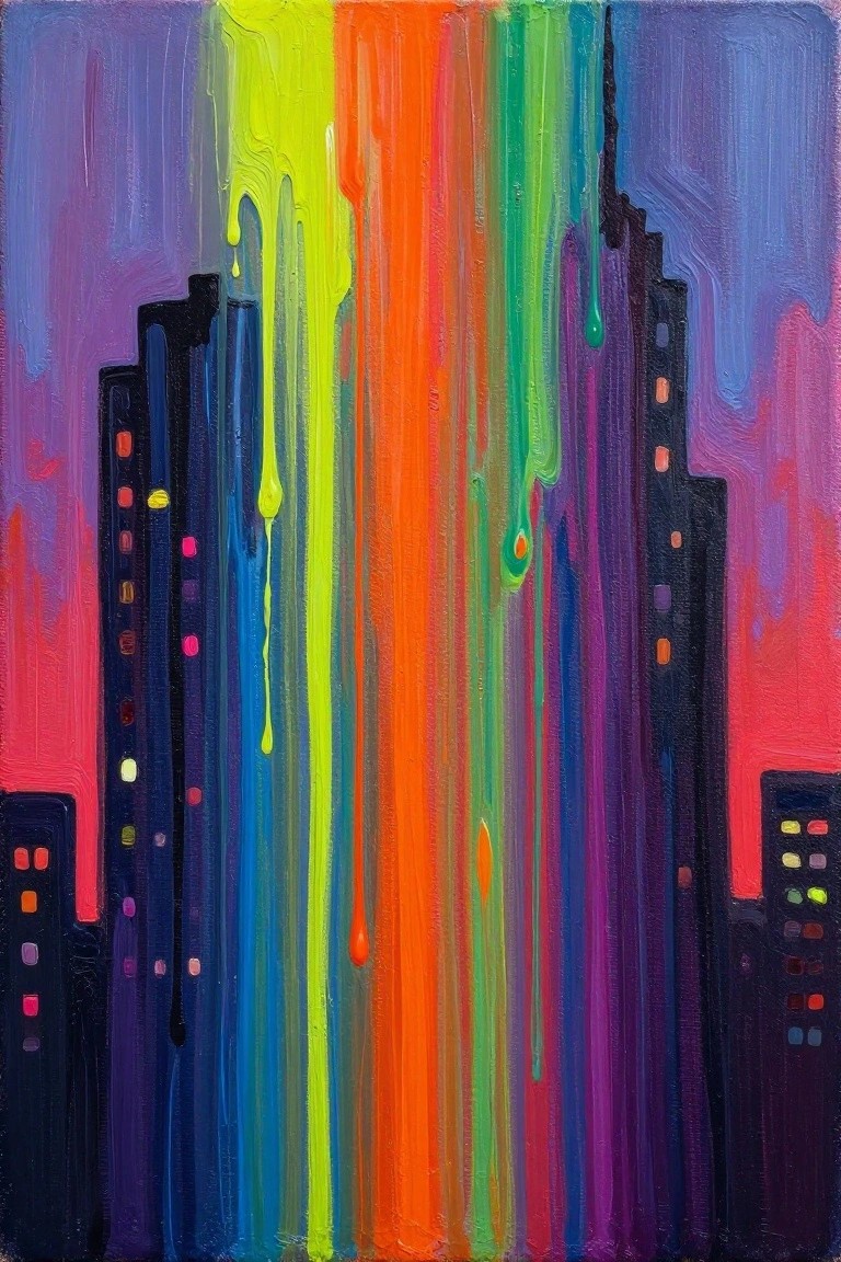 Abstract painting of nighttime city skyline with cascading rainbow paint drips and glowing windows.