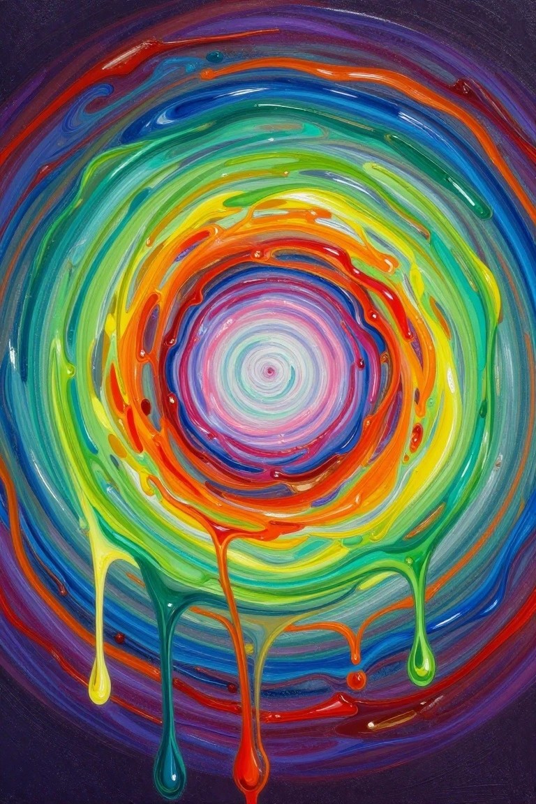A vibrant abstract painting of concentric rainbow circles with multiple colored drips running down the lower section.