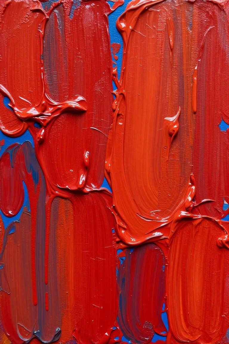 Thick vibrant red paint strokes with texture on blue background