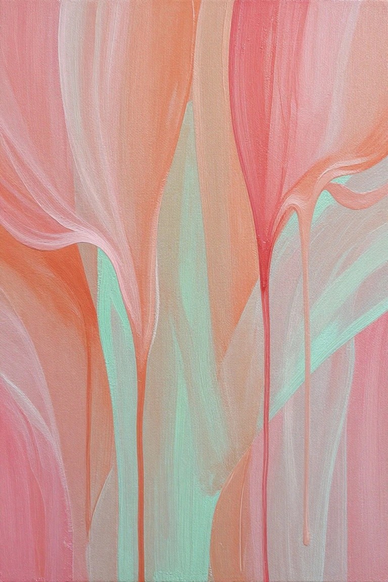 Abstract painting with flowing pink, orange, and mint green brushstrokes and drips.