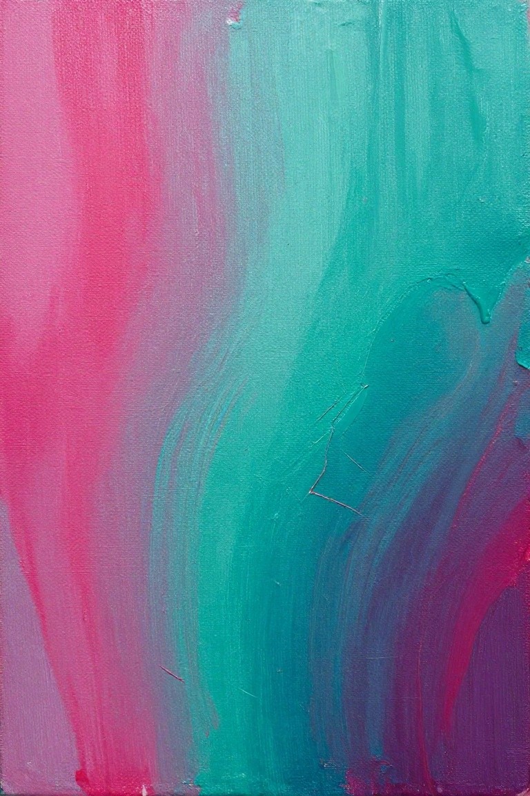Abstract painting with vibrant pink, teal, and purple brushstrokes on canvas.