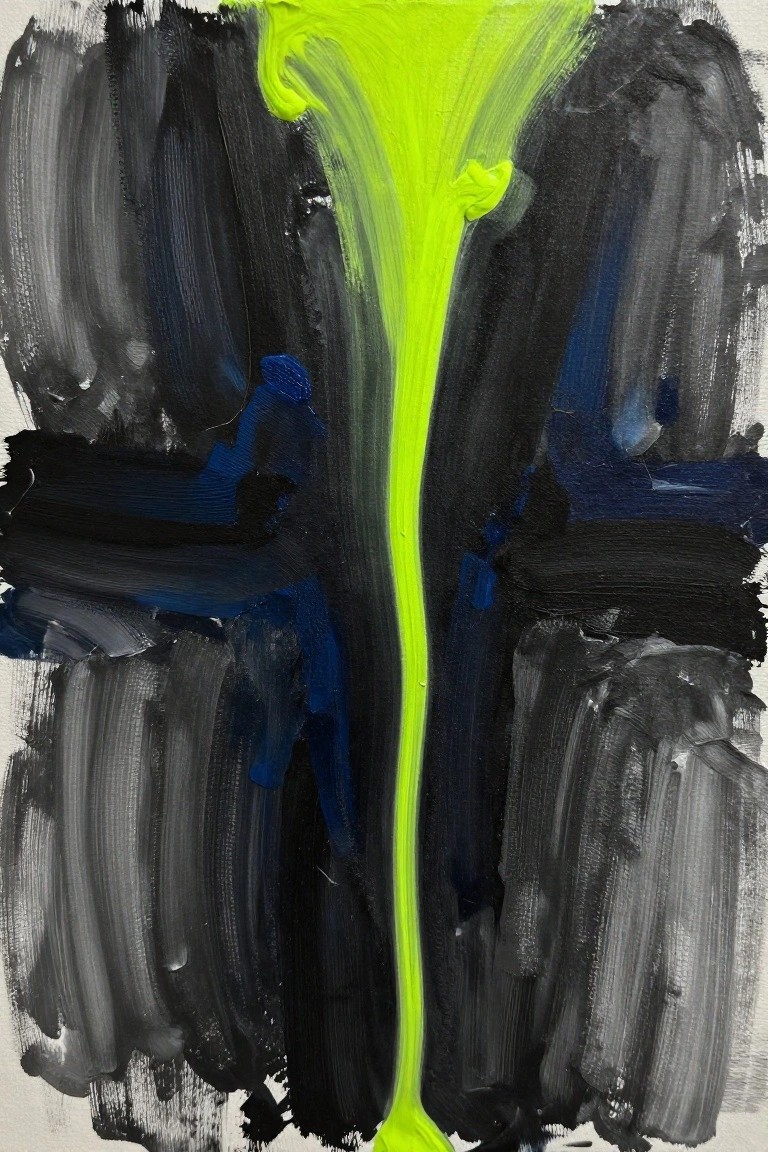 A vertical streak of bright lime green paint drips down the center of a canvas covered in black, gray, and blue brushstrokes.