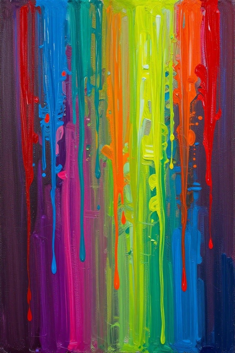 Abstract painting with vibrant dripping paint in rainbow colors on dark canvas