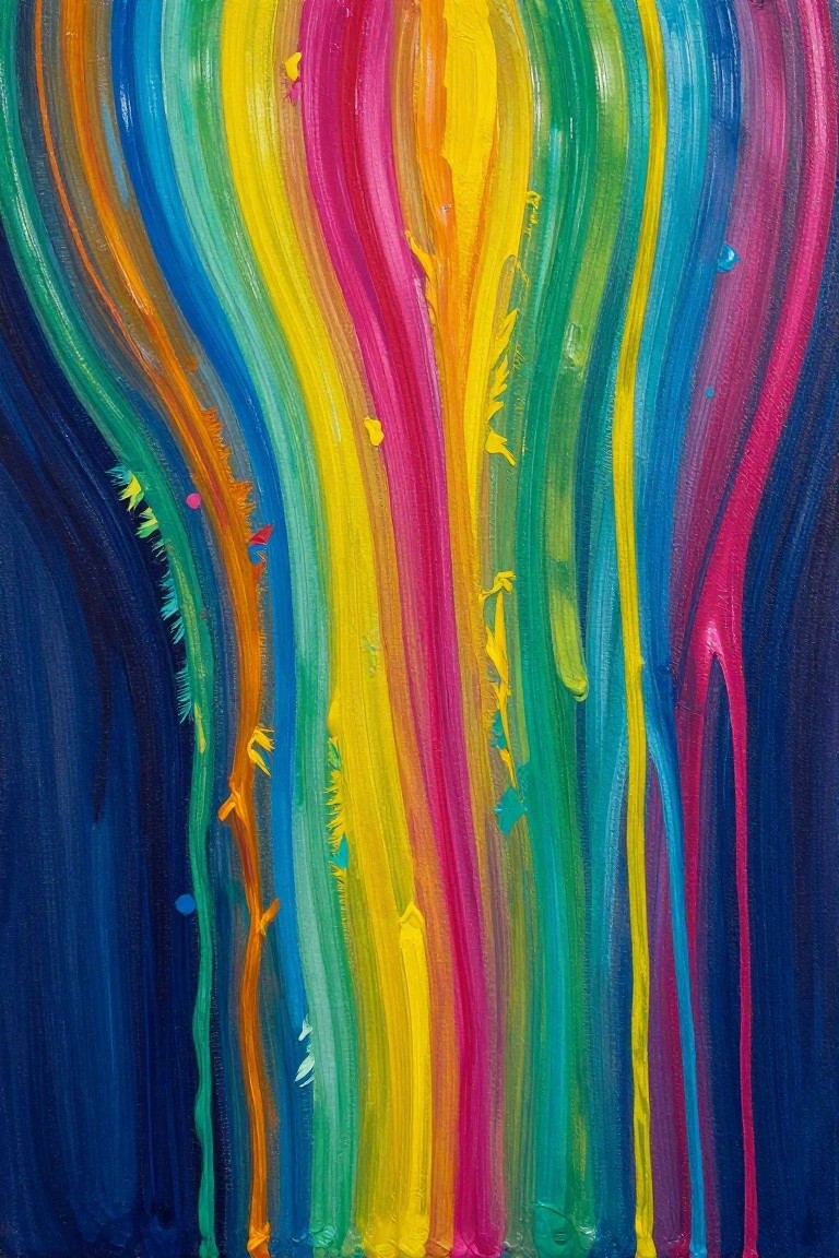 Vibrant rainbow vertical brushstrokes flowing on dark blue background