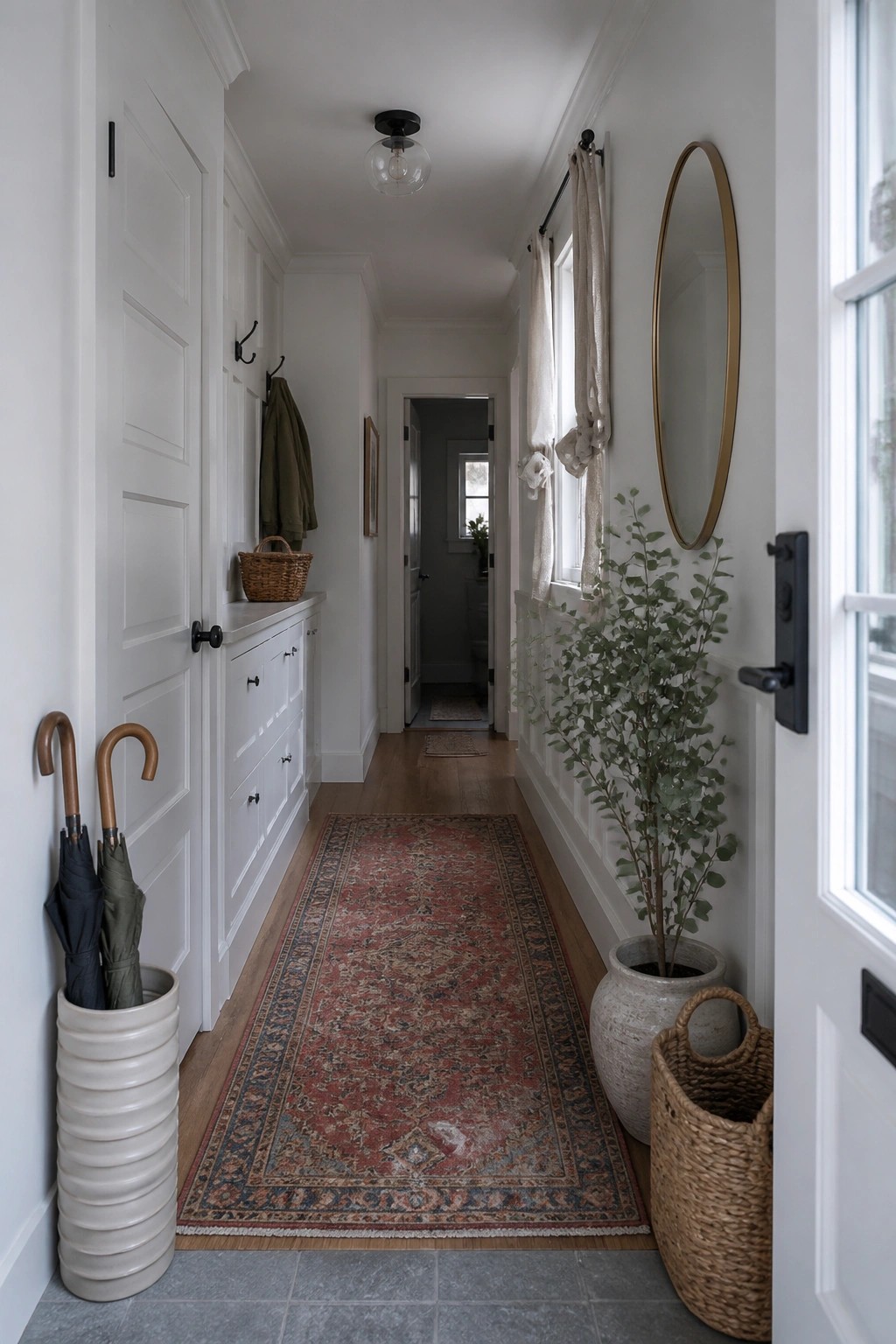 A narrow hallway painted bright white with wood floors and a patterned runner.