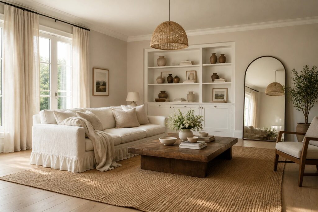 Living room with light warm off-white walls and wood flooring.