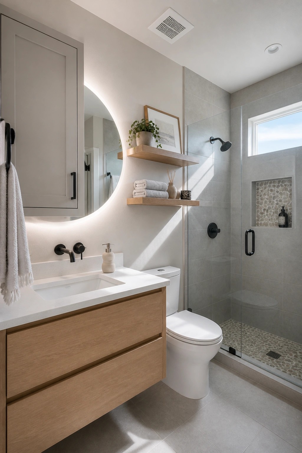 Bathroom walls painted a light warm gray beside a floating wood vanity.