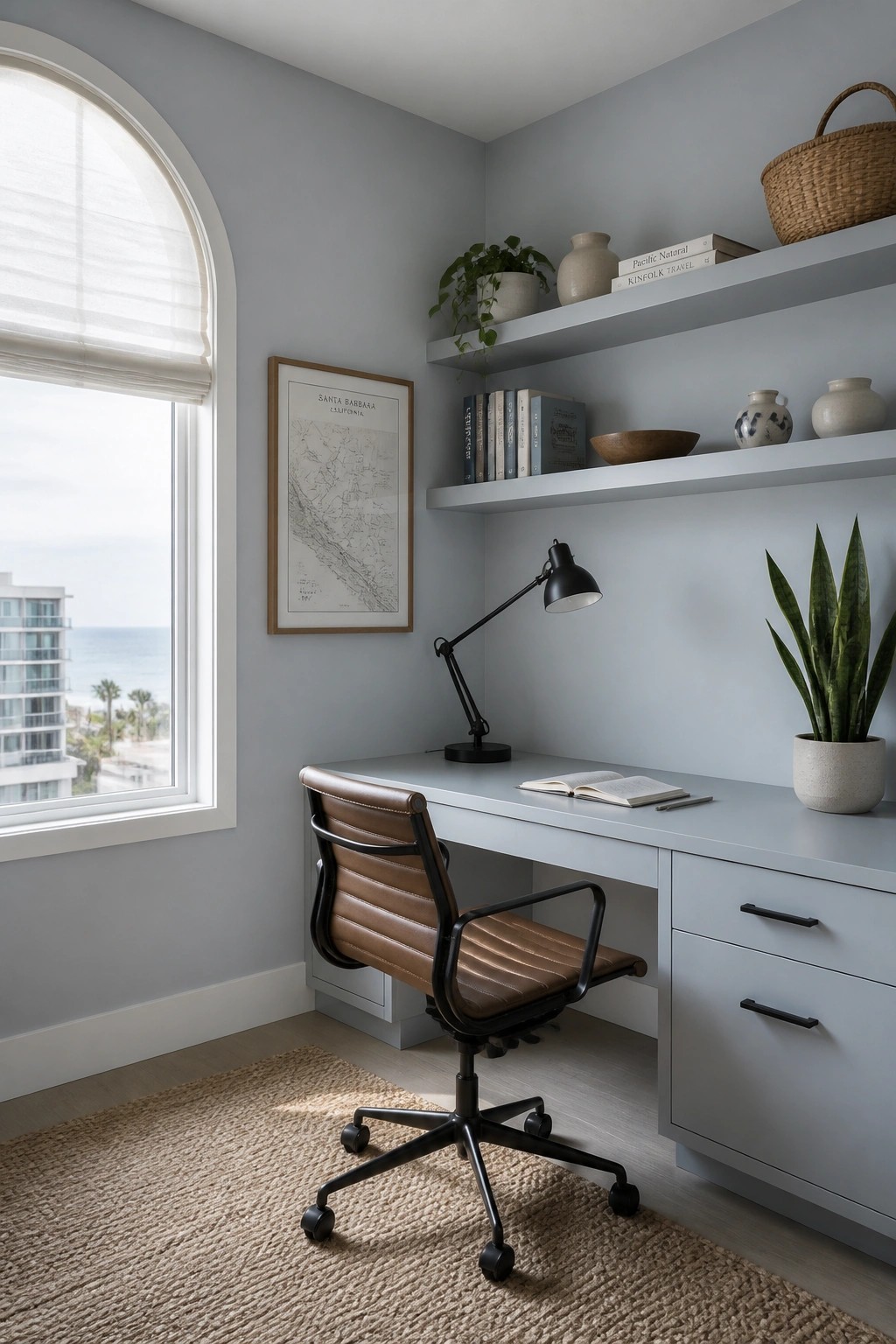 Light blue-gray walls in a home office with floating shelves and a desk area.