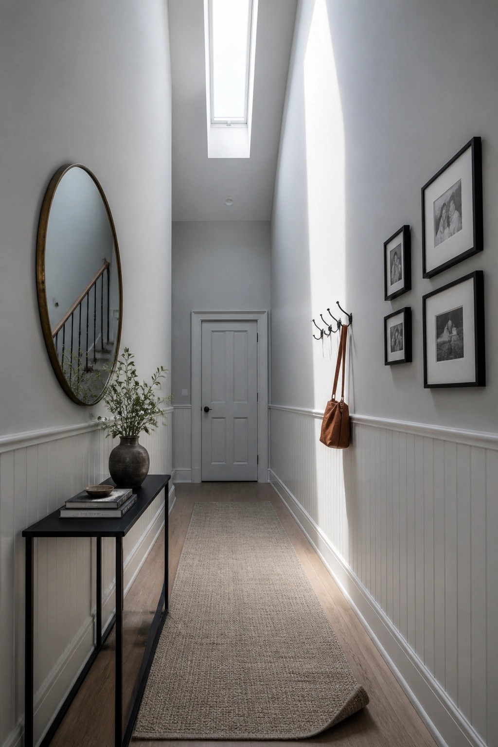 A narrow hallway painted in a cool light gray above white wainscoting.