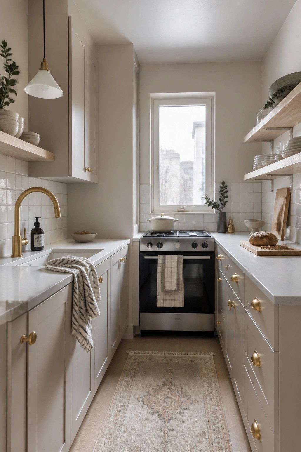 Light greige cabinets and walls in a narrow kitchen with white tile and wood shelves.
