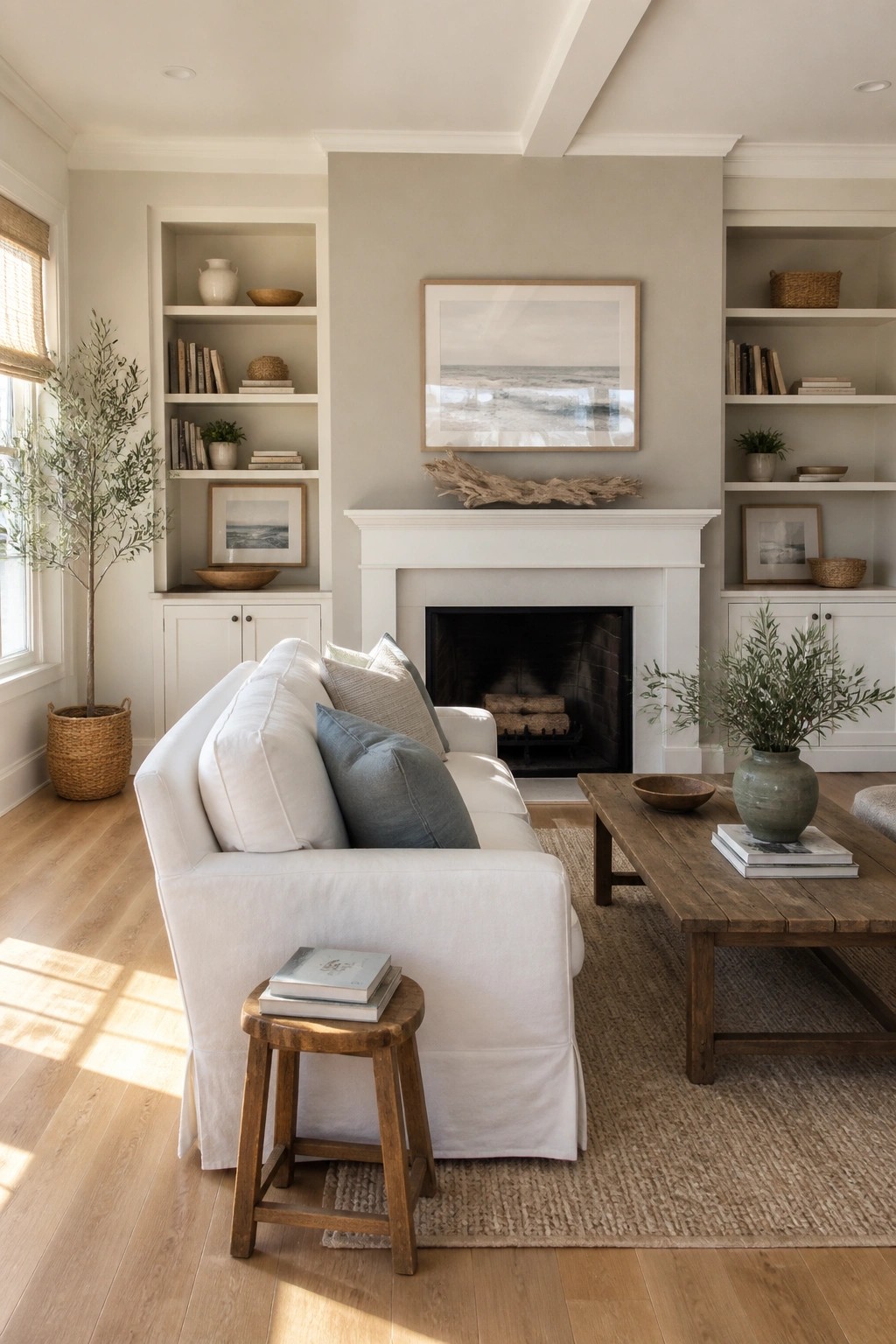 A living room with soft greige walls and built-in shelves around a white fireplace.