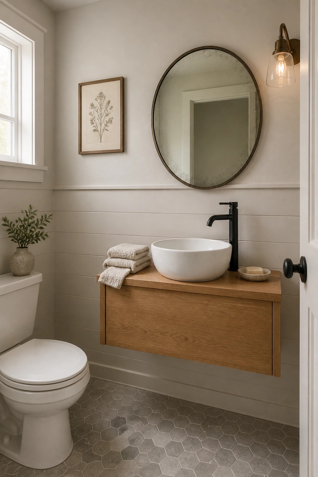 Modern bathroom with floating oak vanity, white vessel sink, round mirror, and toilet