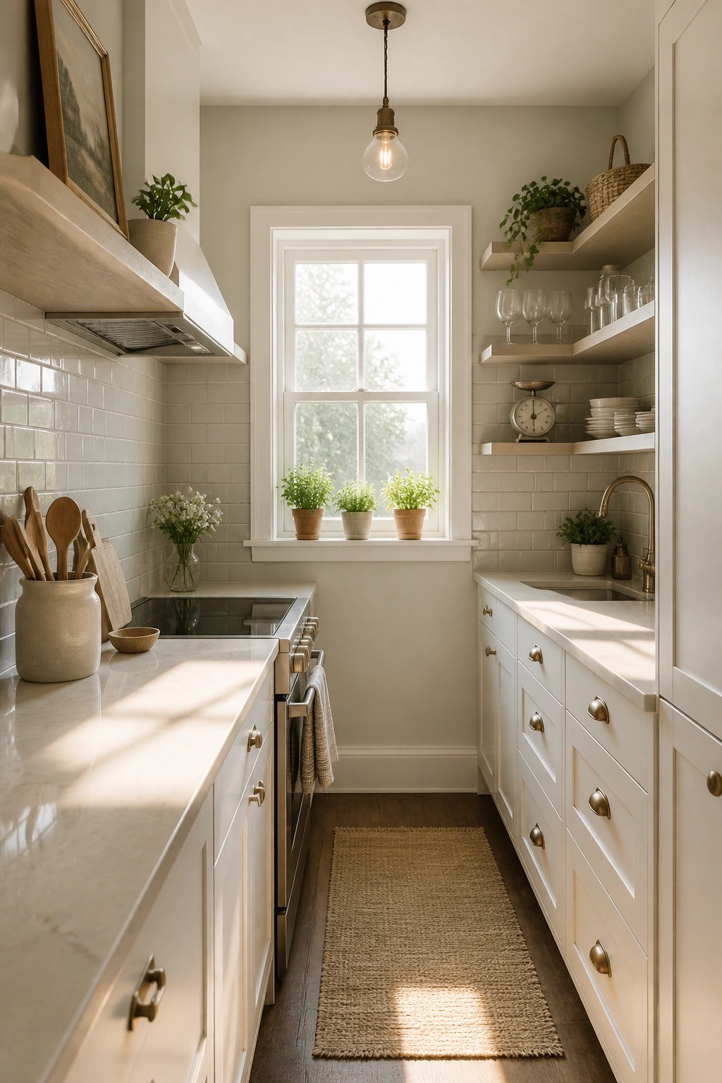 A narrow kitchen with soft greige walls and white cabinets.