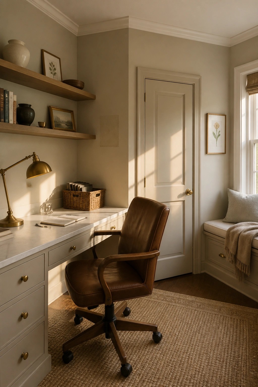 Light greige walls in a small home office with white trim and wood flooring.