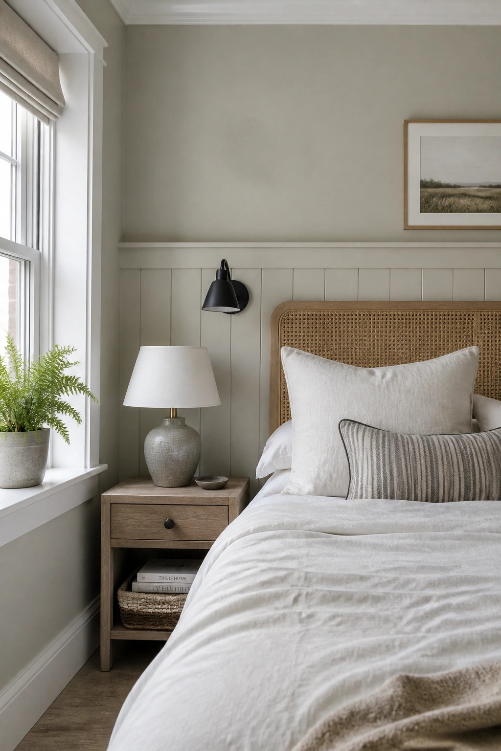 Bedroom walls painted in a soft light greige with white trim and natural wood furniture.