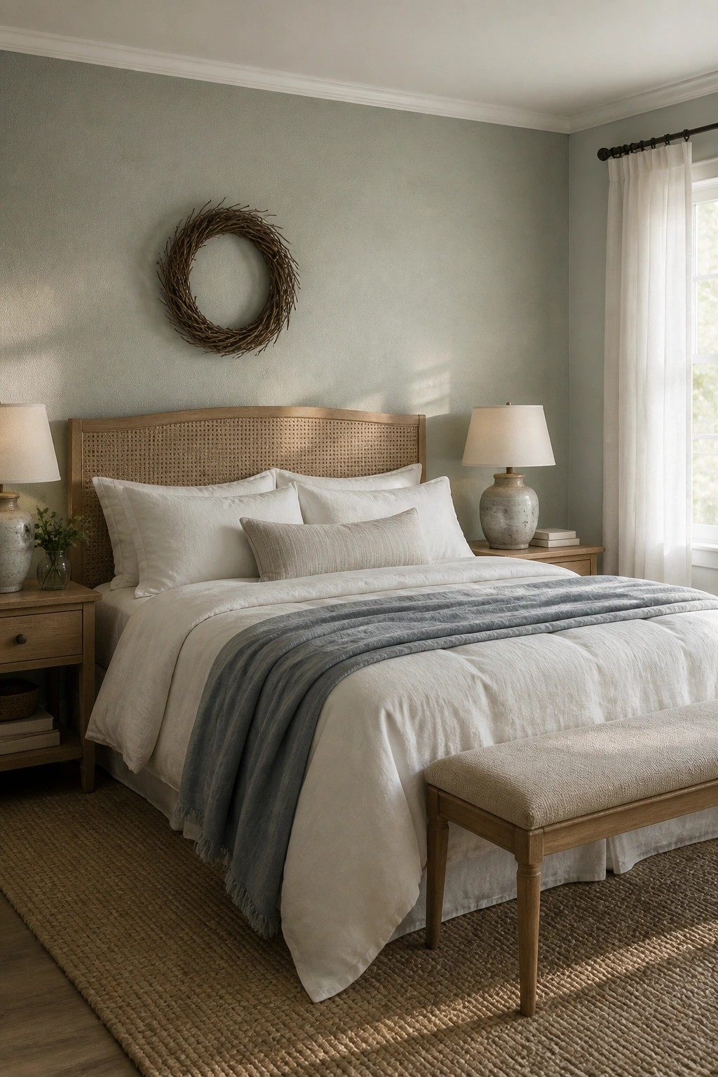 A bedroom with soft sage green walls and a wooden bed.