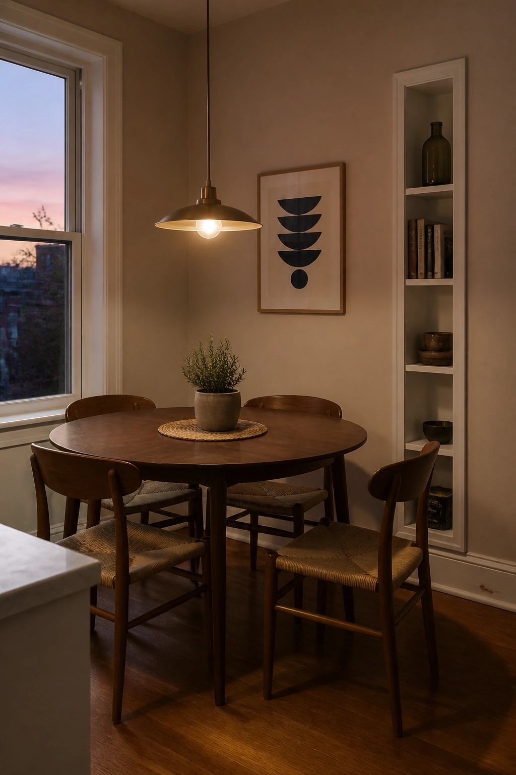 A dining area painted in a soft warm beige with a round wooden table.